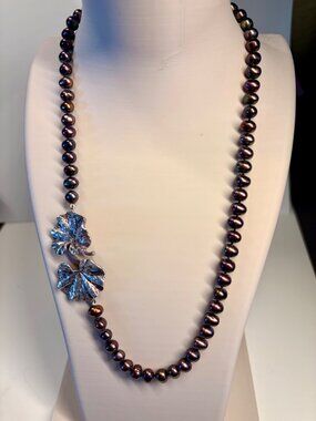 Chocolate Freshwater Pearl Necklace Sterling Silver Leaf Hook 18"